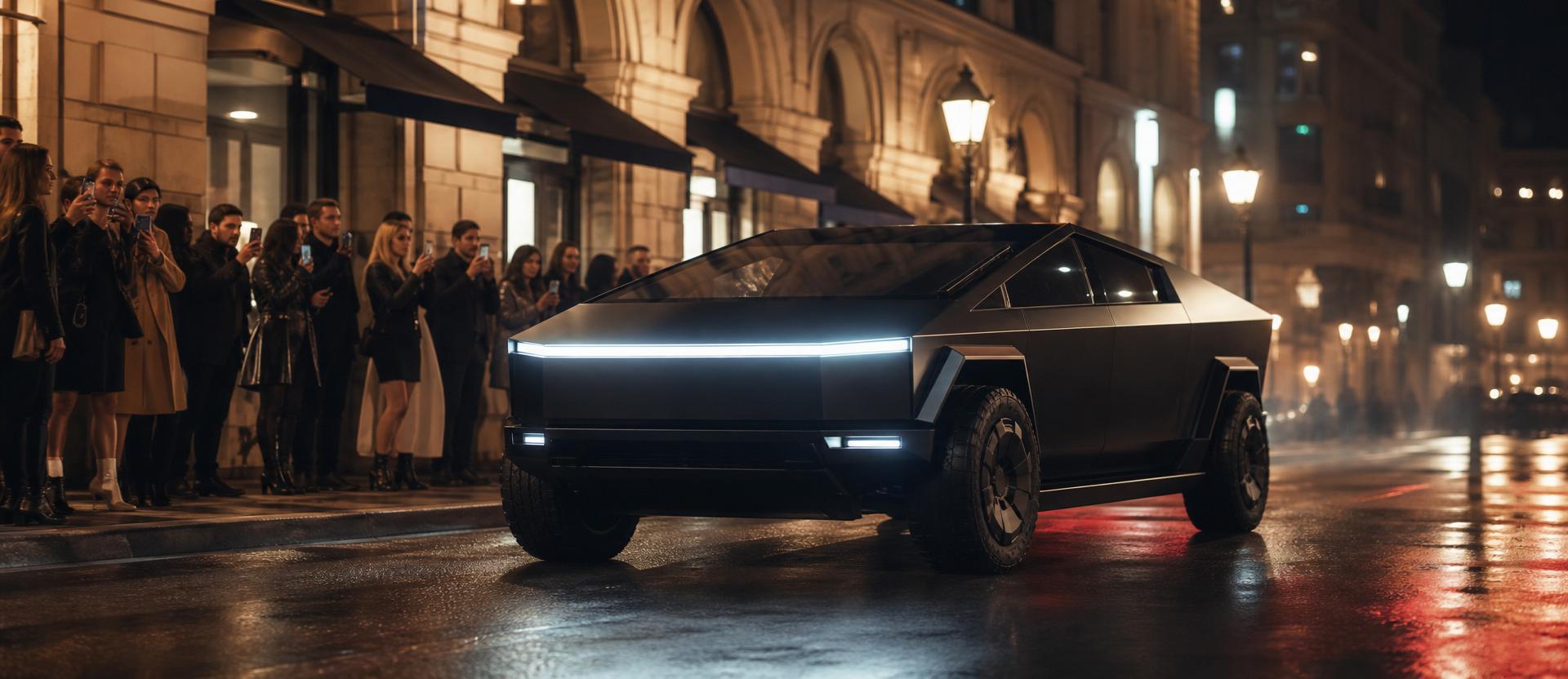 Tesla Cybertruck Cyberbeast jedzie ulicami miasta, przechodnie odwracają głowy i robią zdjęcia