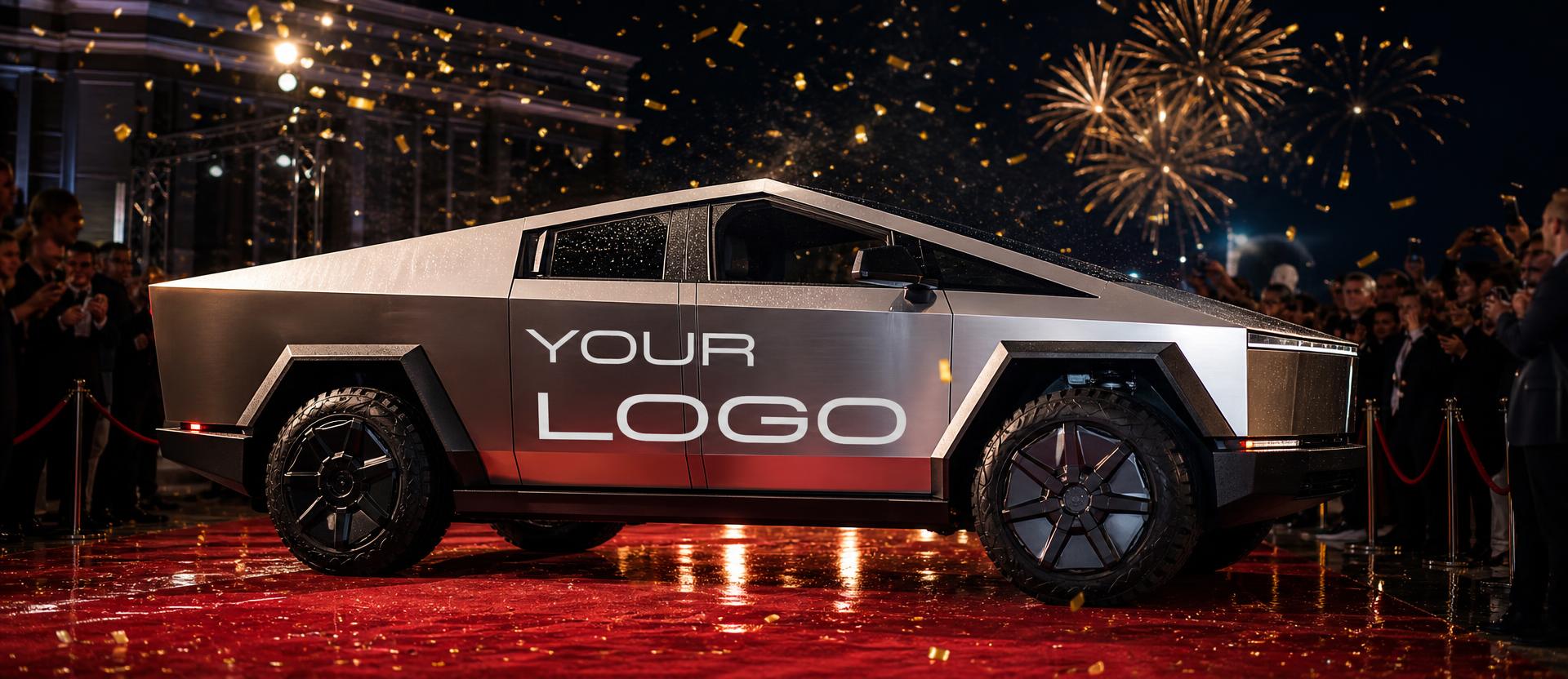 Cybertruck spersonalizowany logotypem firmowym na evencie